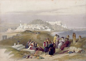 Jaffa, antiga Joppa, 16 de abril de 1839, prato 61 do Volume II da "Terra Santa", gravado por Louis Haghe (1806-85) pub. 1843 de David Roberts