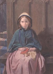 Retrato de uma menina lendo em um banco de igreja de David Roberts