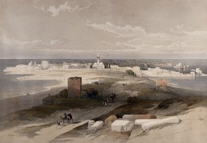 A antiga cidade de Tiro, vista do istmo. Litografia a cores de Louis Haghe, inspirada numa obra de David Roberts, 1843. de David Roberts