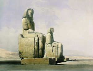 Tebas, 4 de dezembro de 1838, detalhe dos colossos de Memnon, prato 12 do Volume I do Egito e da Núbia, gravado pelo bar Louis Haghe 1806-85. Detalhe litográfico de 1846 de 67033