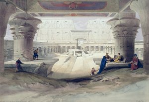 Vista sob o pórtico do templo de Edfou, Egipto superior, chapeia 32 do volume mim de Egipto e de Nubia, gravados pelo bar de Louis Haghe (1806-85). 1846