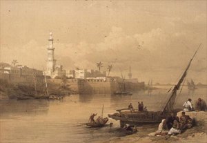 Vista no Nilo, ferry para Giza, de "Egipto e Núbia", Vol.3 (litho) de David Roberts