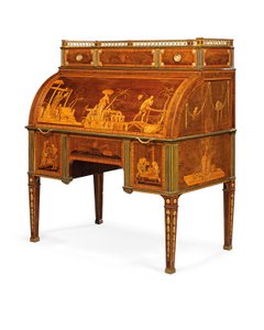 Gabinete de cilindro mecânico, Neuwied, c.1776-79 (amboyna montado em ormolu e embutido em latão, tulipwood, sicômoro manchado e marchetaria)