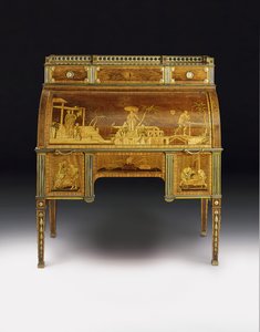 Mesa cilíndrica mecânica, as montagens atribuídas a François Redmond, c.1777-80 (amboyna embutida em latão e ormolu, madeira de tulipa, sicômoro tingido e marchetaria) (ver também 486603)