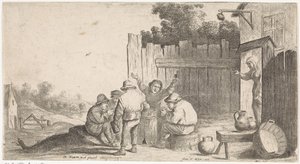 Cinco camponeses à volta de um barril
Cenas do género ao ar livre (título da série) de David Teniers (II) (attributed to workshop of)