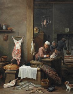 Interior de uma cozinha com um cozinheiro a preparar uma refeição numa mesa (Le Cuisinier Flamand) de David Teniers the Younger