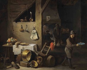 Interior de uma cozinha com um rapaz e três figuras a beber e a fumar de David Teniers the Younger
