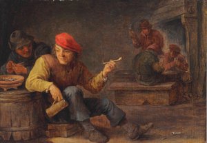 Boors bebendo e fumando numa estalagem de David Teniers the Younger