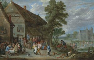 Camponeses a dançar à porta de uma estalagem em Perck, com o Kasteel de Drij Toren mais além de David Teniers the Younger