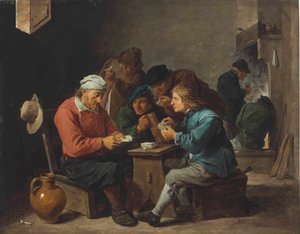 Camponeses a jogar às cartas num interior de David Teniers the Younger