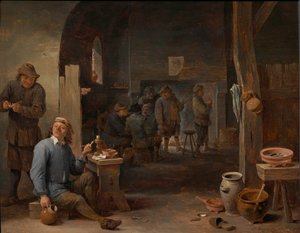 O interior de uma estalagem com camponeses a fumar junto a uma mesa e a conversar diante de uma fogueira de David Teniers the Younger