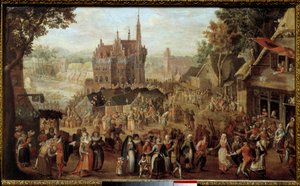 Kermesse em Audenarde (Bélgica). Festa em frente à igreja da aldeia. Pintura por David Vinckboons (ou Vinckeboons ou Vinkeboons 1576-1629)