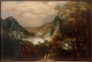 Paisagem fluvial de montanha com figuras elegantes de David Vinckeboons