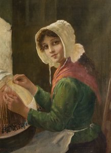 Mulher jovem, Lacemaking, tarde, 19o-cedo, 20o século de David W. Haddon