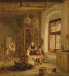 Interior com figuras por uma janela