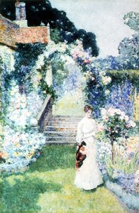 Cuidar das rosas em um jardim Cheshire (aquarela) de David Woodlock