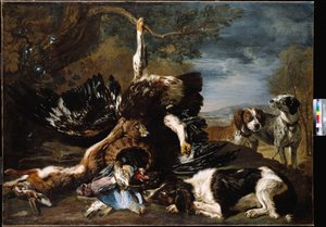 Um Spaniel, uma águia, uma lebre e uma cesta de vime com um gaio, tentilhões e outros pássaros com vista para dois cães, uma paisagem montanhosa além