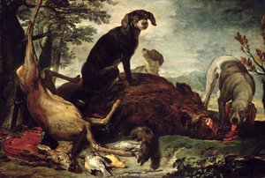 Cães com javali e veado mortos,