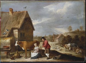 Uma Leiteira e um Pastor Fora de uma Casa de Campo, final da década de 1640 de David Teniers the Younger