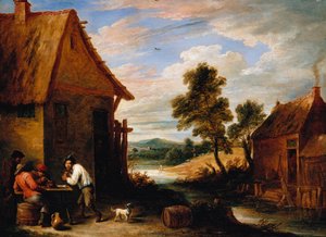 Uma paisagem do rio com camponeses fora de uma taberna de David Teniers the Younger