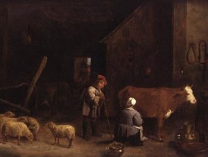 Um pastor a falar com uma ordenhadora numa vacaria de David Teniers the Younger