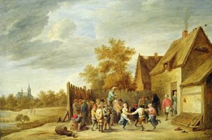 Camponeses dançando fora de uma pousada (óleo sobre tela) de David Teniers the Younger