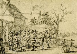 Camponeses dançando na frente de uma casa de David Teniers the Younger
