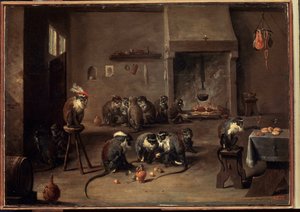 Macacos na cozinha. Pintura por David Teniers o mais novo (1610-1690). Óleo sobre tela, 36 x 50,5 cm, ca. 1640. Arte flamenga, arte barroca. Museu Hermitage, São Petersburgo. de David Teniers the Younger