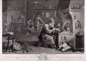 O laboratório do alquimista (gravura) de David Teniers the Younger