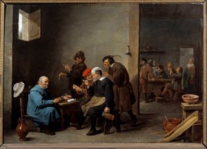O homem com o chapéu branco Grupo de homens fumando o cachimbo em uma pousada. Pintura de David Teniers II, o jovem (1610-1690) de David Teniers the Younger