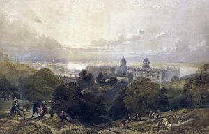Vista de Greenwich (Inglaterra), numa noite de verão, das alturas do parque, ao fundo, o horizonte de Londres