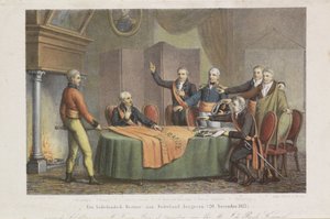 Aceitação do Alto Reinado pelo Triunvirato em nome do Príncipe de Orange, 21 de novembro de 1813 Restaurar um governo holandês para a Holanda. (20 de novembro de 1813) (título no objeto)