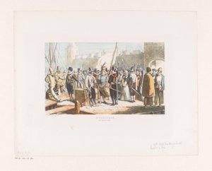 Civis e atiradores na frente de um castelo Townspeople (século 16, 2ª metade) (título no objeto) de David van der Kellen