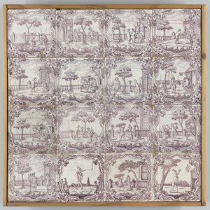 Campo de dezasseis azulejos com representações de género de De Bloempot