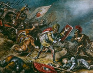 Uma pintura que retrata Ricardo III a lutar a pé no Campo de Bosworth. Obra de arte.