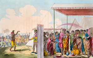 Jogando o Hohlee, de &39;O traje, caráter, maneiras, hábitos domésticos e cerimônias religiosas dos Mahrattas&39; por TD Broughton, gravura por Baxter, 1813 de Deen Alee