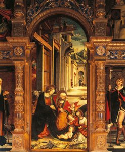 Natividade, detalhe do retábulo do século XVI, por Defendente Ferrari (1480 ou 1485-1540), Abadia de Santo Antônio de Ranverso, Buttigliera Alta, Itália