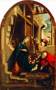Natividade com anjos adoradores e pastores, pelo Defendente Ferrari (ativo por volta de 1500-1535)