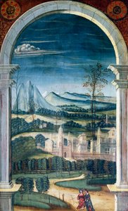 Perspectiva pintada pelo Defendente Ferrari (1480 ou 1485-1540), na secção traseira do coro do século XVI, Igreja de São Jerónimo, Biella, Itália de Defendente Ferrari