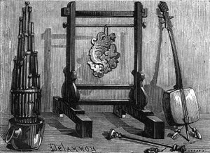 Instrumentos musicais chineses: órgão, pedra sonora e violino.