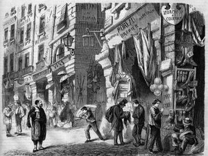 Paris, vista das galerias cobertas no rés-do-chão das casas da rue de la Tonnelerie, também chamadas os pilares das Halles, gravada após o desenho de Delannoy, em "L