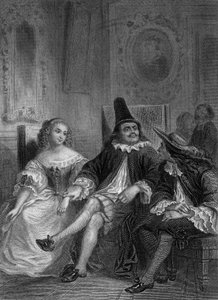 Peça "O médico apesar de si próprio" de Molière: Lucinde, Sganarelle e Geronte, gravura de Delannoy após desenho de G. Staal (1870)