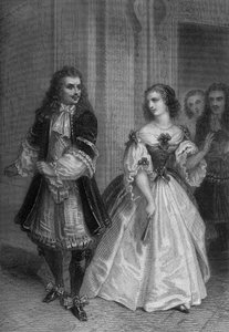 Peça "O Misantropo" de Molière: Alceste, Celimene, Eliante, Philinte gravura de Delannoy após desenho de G. Staal (1870)