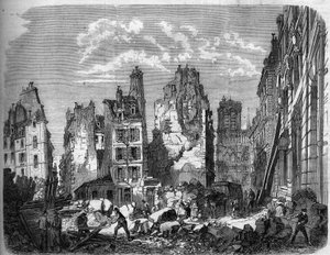 Transformações de Paris sob o Segundo Império, Haussmann Paris. Destruição de parte da Ile de la Cité para a expansão do Hotel Dieu, gravando depois de uma