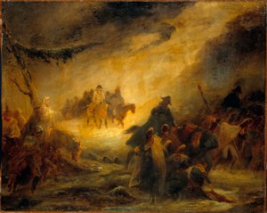 Episódio do retiro russo. Guerra Napoleônica (1812). Pintura de Denis Auguste Raffet (1804-1860)