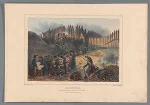 Groep soldaten trekt door een opening in de palissade, 1832
Caponière, trabalho em paliçada em frente da meia-lua (título sobre o objecto)
Desenhos feitos de vida no cerco da Cidadela de Antuérpia por Raffet (título da série sobre o objecto) de Denis Auguste Marie Raffet