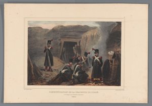 Militairen bij een mijngang, 1832
Comunicação da descida da vala (título sobre o objecto)
Desenhos da vida no cerco da Cidadela de Antuérpia por Raffet (título da série sobre o objecto) de Denis Auguste Marie Raffet