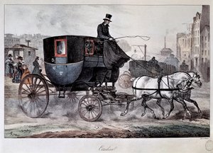 Os transportes públicos no século XIX: um táxi nas ruas de Paris (gravura colorida)