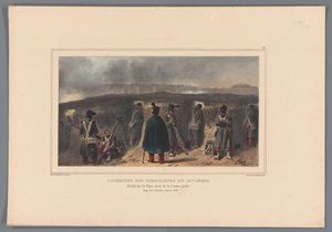 Schutters comprando borstwering, 1832 Alojamento dos escaramuçadores da 19ª luz (título no objeto) Desenhos feitos da vida na sede da Cidadela de Antuérpia por Raffet (título no objeto) de Denis Auguste Marie Raffet