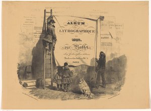 Dois homens colam um pôster contra uma parede Album litographique de 1837 (título da série no objeto) de Denis Auguste Marie Raffet